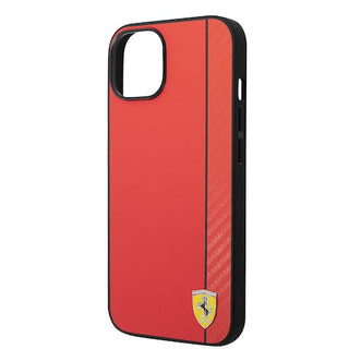 Ferrari Hard Case Pu Smooth And Carbon Effect Vertical Stripe Metal Logo - iPhone 14 Plus