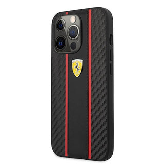 Ferrari Hard Case Pu Carbon Effect & Central Smooth Pu Stripe Metal Logo - iPhone 14 Pro Max