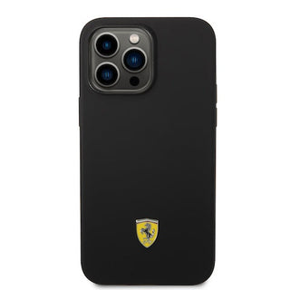 Ferrari Liquid Silicone Case Metal Logo Black Camera Outline - iPhone 14 Pro Max