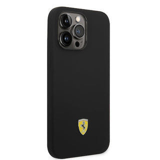 Ferrari Liquid Silicone Case Metal Logo Black Camera Outline - iPhone 14 Pro Max